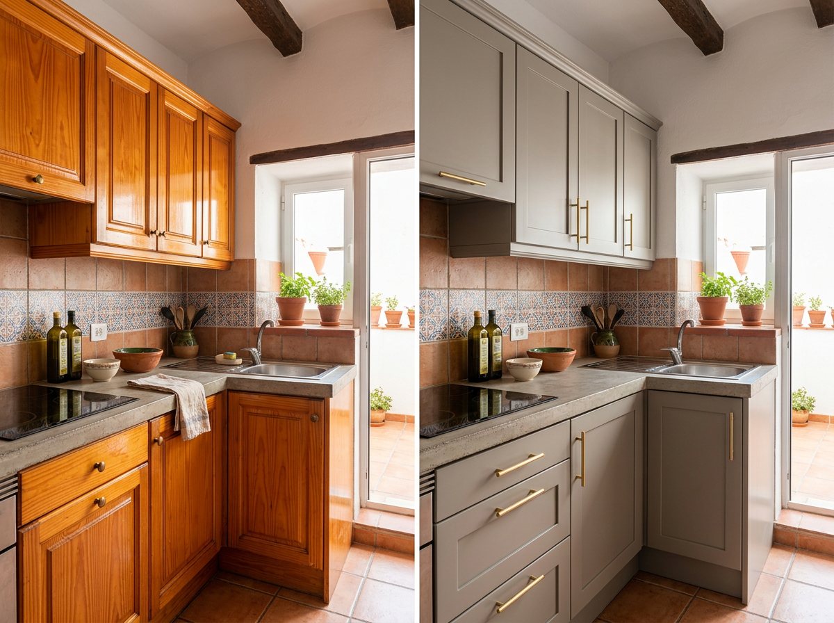 Before and after: varnished pine kitchen sprayed warm grey