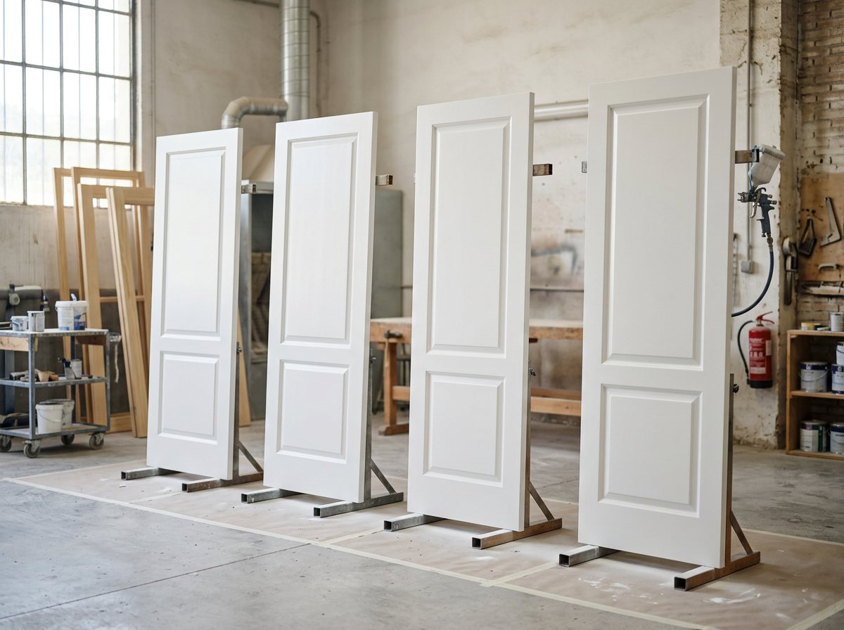 Interior doors sprayed in satin white in the workshop