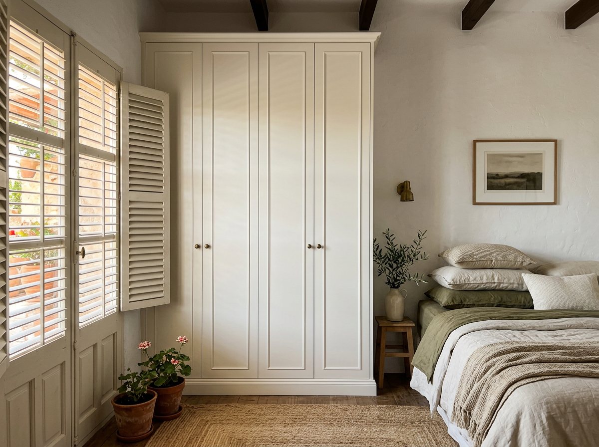 Fitted wardrobe sprayed off-white in a Mediterranean bedroom