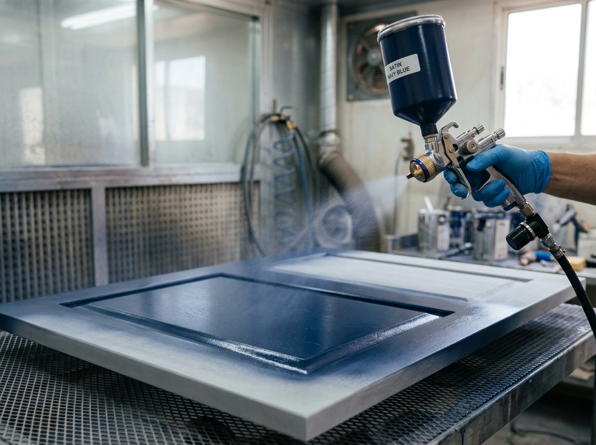 Spray gun finishing a kitchen door in a spray booth